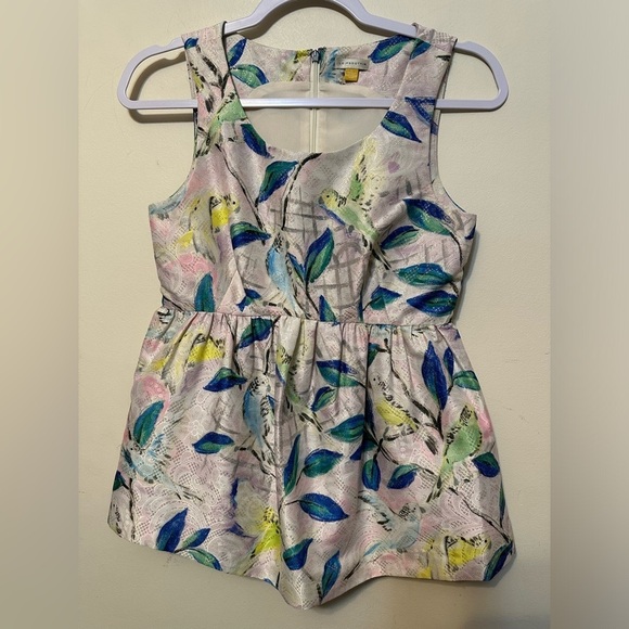 Anthropologie Leifsdottir Yellow Brocade Peplum Top Size 0 Birds Business Causal - Picture 1 of 6